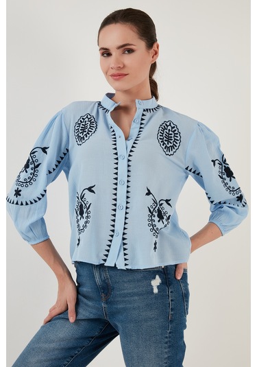 Lela Nakış Işlemeli Truvakar Kol Hakim Yaka Pamuklu Şile Bezi Bayan Gömlek 611Bz0044 Bebe Mavi-Lacivert