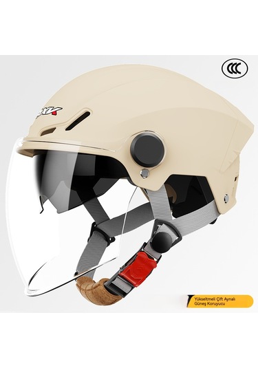 Elektrikli Akü Motosiklet Kask Güneş Koruyucu Yarı Kask Sürüş Kaskı Erkek Bayan Yaz 3c Sertifikası Kayısı