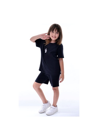 Ribana Beybi Overlok Detaylı Kuromi Nakışlı Alt-üst Takım Siyah