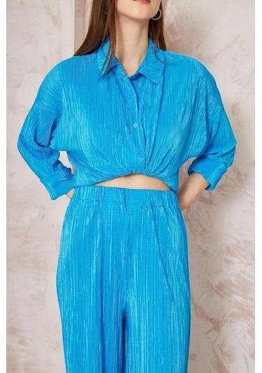 Kadın Pliseli Beli Lastikli Pantolon Tunik Gömlek Ikili Bürümcük Salaş Takım 3573300 Mavi