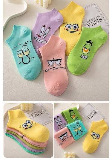 Bgk 5 Çift Sünger Bob Desenli Bebek Kısa Çorap Çok Renkli