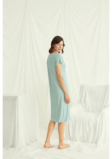 Monamise 18517 Kadın V Yaka Dantelli Düğmeli Kısa Kollu Gecelik-açıkyeşil Açık Yeşil