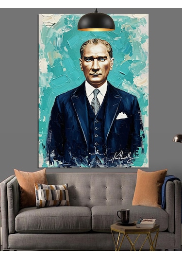 Mavi Fonlu Mustafa Kemal Atatürk Portresi Dekoratif Kanvas - Mdf Ahşap Tablo