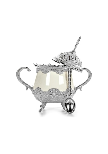 Kapaklı Ve Kaşıklı Lüks Porselen Şekerlik Lokumluk Gümüş