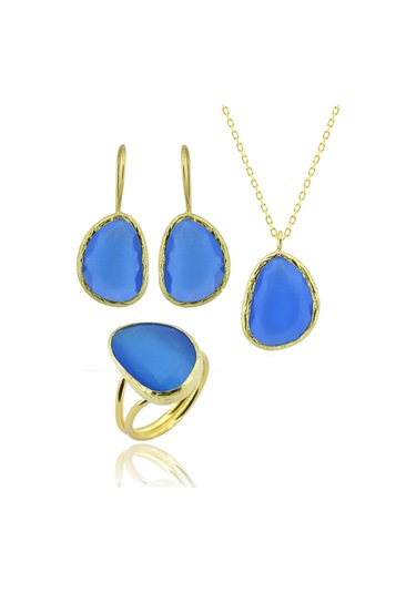 Beyisa Güneş Taşı Serisi Fasulye Kesim Mavi Renkli Kadın Üçlü Otantik Gümüş Takı Seti