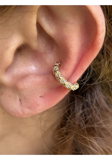 Sıkıştırmalı Kıkırdak Gold Taşlı Kadın Çelik Küpe