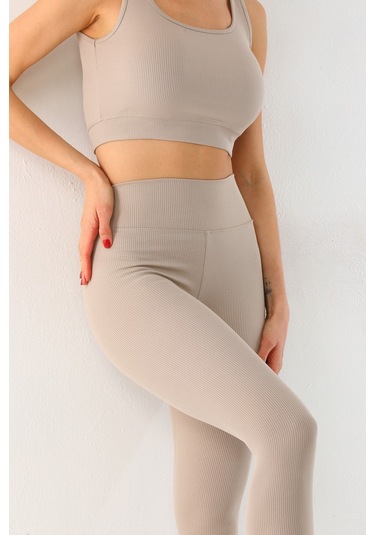 Kallima Bej Toparlayıcı Yüksek Bel Fitilli Spor Tayt-crop Takım