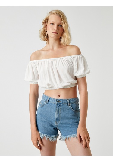 Koton Crop Bluz Omzu Açık Kırık Beyaz 2sak60366pw 2SAK60366PW001
