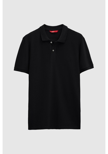 Ds Damat Regular Fit Siyah Pike Dokulu %100 Pamuk Kıvrılmaz Polo Yaka Nakışlı T-shirt 4HC14ORT51000 Siyah