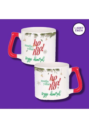 Kişiye Özel Yılbaşı Tasarımlı Ho Ho Ho Ve İsme Özel Baskılı Kırmızı Kulplu Kupa Bardak Beyaz