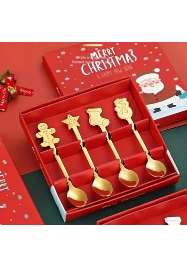 4 Lü Yılbaşı Kaşığı Seti Gold - Paslanmaz Çelik - Yılbaşı Hediyel