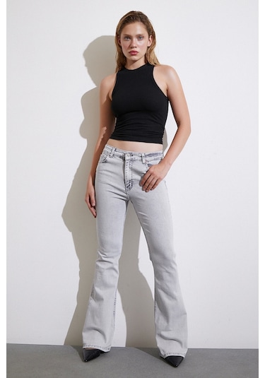Never More Yüksek Bel İspanyol Paça Jean Gri