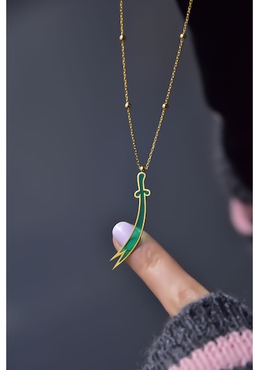 Papatya Silver 925 Ayar Gümüş Toplu Parlayan Rüya Serisi Tasarım Ebruli Cam Boyalı Zülfikar Kılıcı Kolye