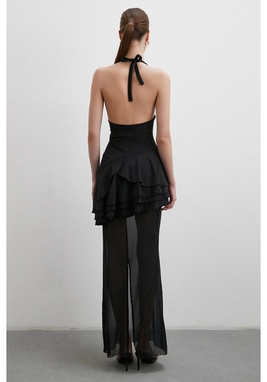 Boyun Askılı Fırfırlı Tül Elbise Siyah Siyah