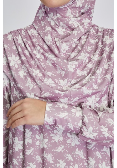 Pratik Tek Parça Manolya Desenli Namaz Elbisesi Pembe