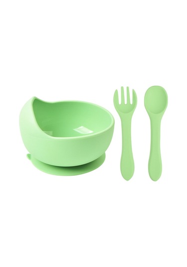 Jojobebek Çocuk Silikon Mama Önlüğü, Silikon Vakumlu Kase, Silikon Çatal-kaşık, Silikon Pipetli Bardak Yeşil