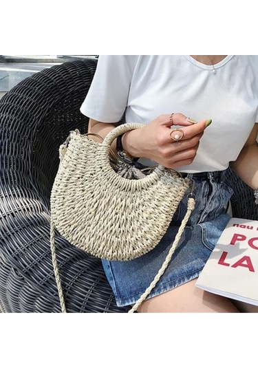 Novahub El Yapımı Rattan Dokuma Plaj Çantası - Kadın Crossbody Çanta - Bej, Haki Rengi, Pratik Tasarım Haki
