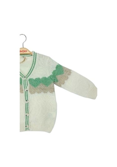 Kız Çocuk Kalp Desenli Düğmeli Kalın Hırka-13599 Yeşil