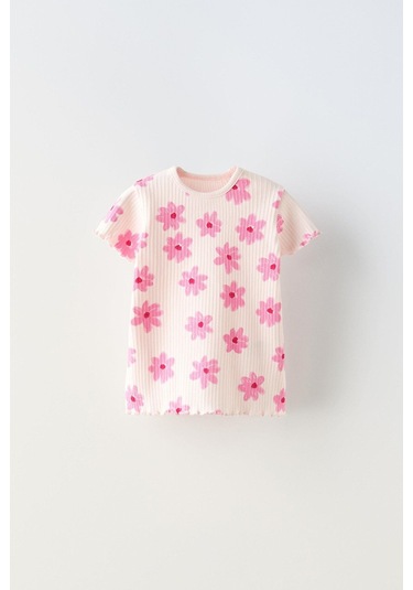 Kız Çocuk Pembe Çiçek Desenli Fitilli Kumaş T-shirt Tayt İspanyol Alt Üst Takım Pembe