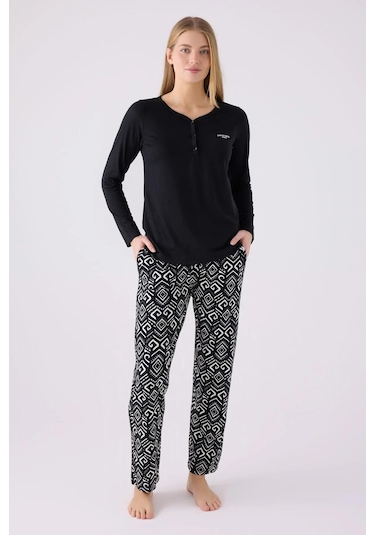 Pierre Cardin 8871 Süprem Uzun Kollu Kadın Pijama Takımı Siyah Çok Renkli