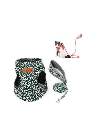 Doglemi Pet Kedi Çekiş Halat Göğüs Koşum Yelek Tipi Çekiş Takım Kedi Yürüyüş İpi, Boyut: S Yeşil Çok Renkli