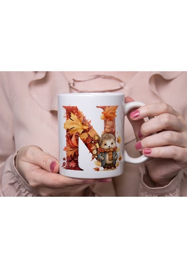 N Harf Sonbahar Yaprak Temalı Kupa Bardak - Sevimli Figürler İle Alfabe Harfli Bardak - Kişiye Özel Beyaz