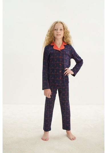 Sevim Kız Çocuk Uzun Kol Gömlek Yaka Önden Düğmeli Lacivert Pijama Takım C0t1n7o8 001