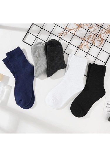 Siyah 5 Çift/grup Erkek Dikey Çizgili Pamuklu Çorap Orta Buzağı Nefes Alabilen Çorap İş Spor Çorapları Siyah