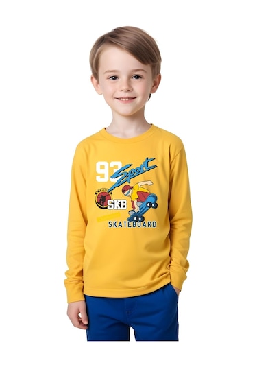 93 Sport Baskılı Erkek Çocuk Yuvarlak Yaka Sarı Sweatshirt Sarı