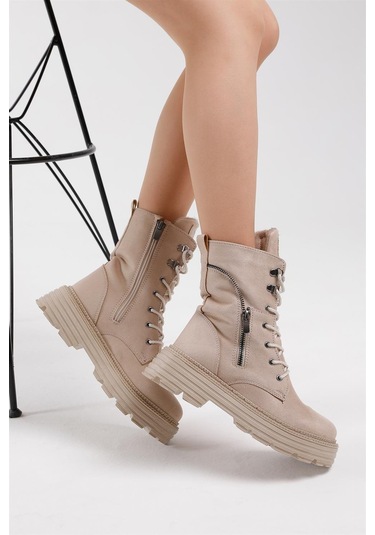 Poli Taban Fermuar Detaylı Rahat Kalıp Bağcıklı Kadın Krem Süet Bot Tber200 Krem Süet