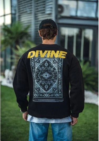 Kışlık Bisiklet Yaka Baskılı Sweatshirt - Siyah Anrasit