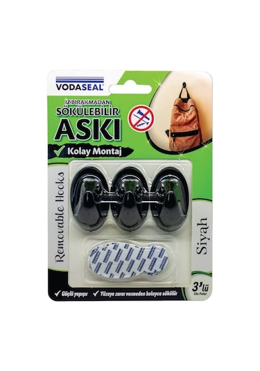 Vodaseal Siyah 3'lü İz Bırakmayan Askı, Siyah