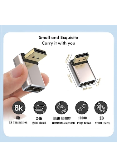 Sones Junsunmay 8k 60hz Pd1.4 Erkek Displayport - Dişi Displayport Adaptör Dönüştürücü, Açı: Aşağı