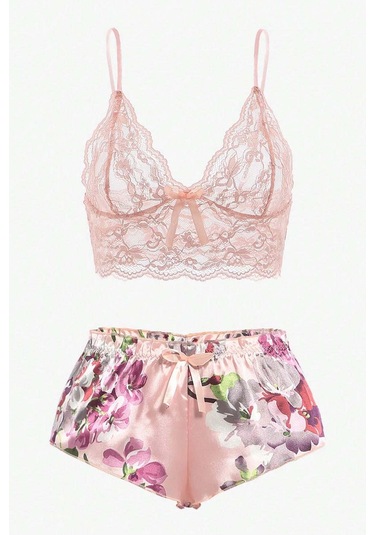 Merry See Dantel Büstiyerli Çiçekli Sütyen Şort Pijama Takımı Çok Renkli
