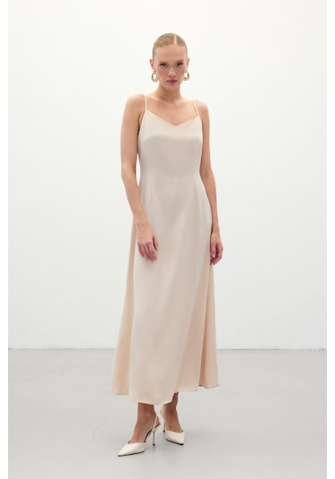 Askılı Uzun Saten Elbise - Bej-136325 Bej