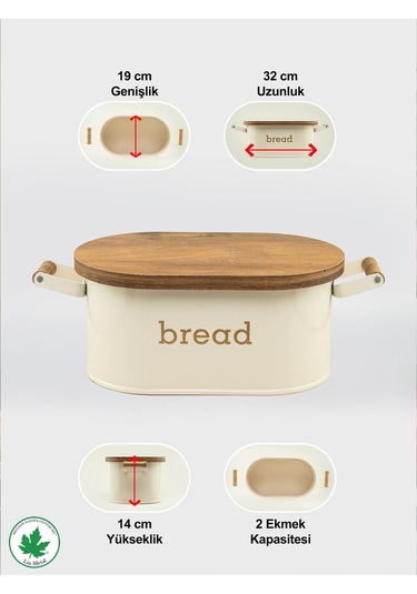 Ahşap Kapaklı Ahşap Kulplu Metal Ekmeklik Bread Baskılı - Krem Krem