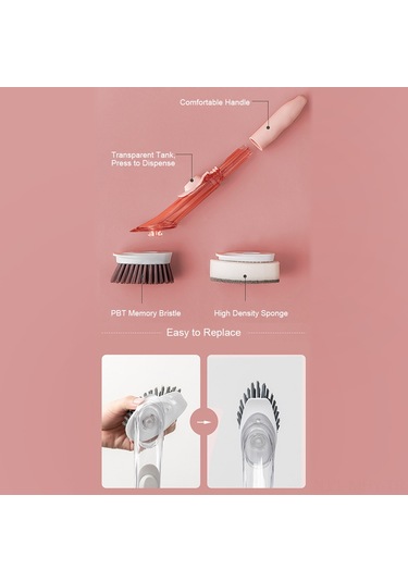 Monyee Otomatik Sabun Dağıtan Mutfak Temizlik Fırçası - Uzun Kolu, 2 Fırça + 2 Sponge Ucu İle Tabak, Tencere Temizliği Kolaylığı - Açık Gri