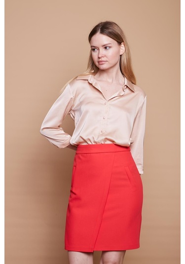 Yüksek Bel Anvelop Kruvaze Pamuklu Likralı Kumaş Kalem Ofis Etek -mercan - Mercan