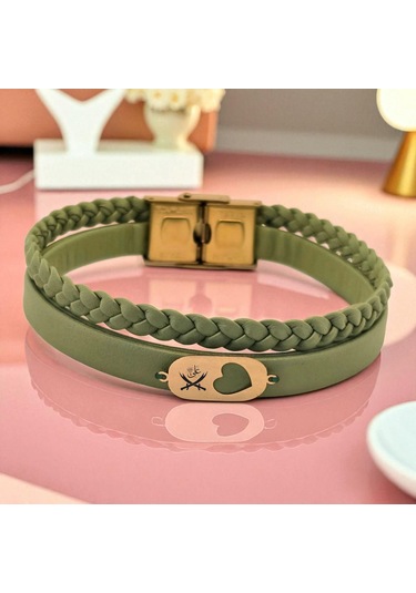 Archin Hz Ali Temalı Zeytin Yeşili Derili Kalp Motifli 14 Ayar Altın Plakalı Hediye Bileklik-556sembol Zülfikar Sembolü