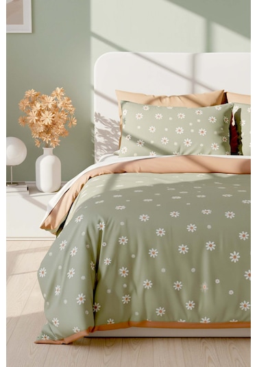 Rivaİstanbul Minimal Yeşil Papatya Çift Kişilik Nevresim Takımı Pamuklu Yeşil