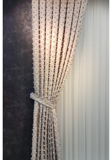 Pastel Püsküllü Fon Perde Bej Renk - Modern Ve Neşeli Tasarım Bej