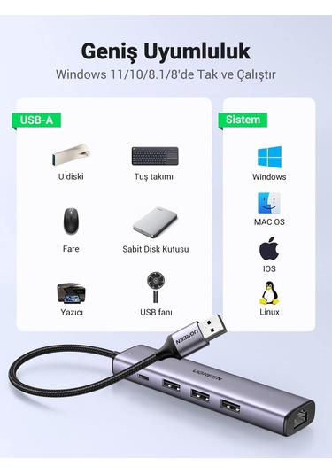 Ugreen 3 Usb 3.0 Bağlantı Noktası Ethernet Adaptörü 1000mbps Ile