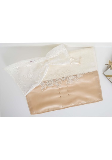 Finezza Roza Pamuk Taş işlemeli Dantel keseli Kreme Bej Havlu 50x90 cm  - 1379 KREM - BEJ