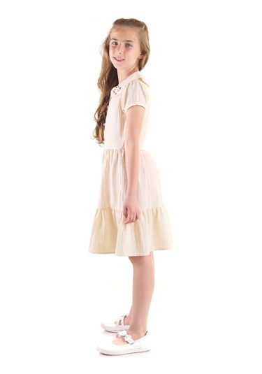 Ahengim Kız Çocuk Düğmeli Yaka Nakışlı Elbise Trend Pamuklu Pamuklu Ak2523 KREM