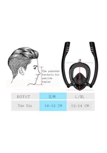 Techtic Çift Tüp Silikon Şnorkel Tam Yüz Dalış Maskesi Fullface Kırmızı - Siyah