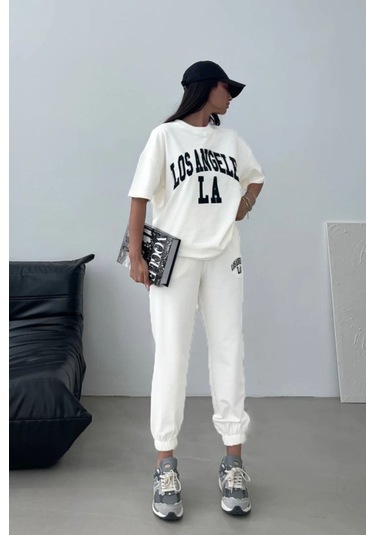Los Angeles T-shirt Eşofman Altı Jogger Beyaz Baskılı Alt Üst Eşofman Takım Oversize Bisiklet Yaka Beyaz