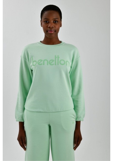 Kadın Önü Logo Baskılı Bisiklet Yaka Sweatshirt Mint