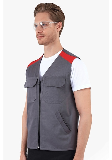 V Yakalı Yelek Gri - Kırmızı