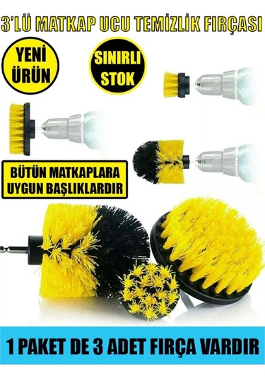 İsgstore 3'lü Set Matkap Ucuna Takılan Banyo Küvet Duşa Kabin Fayans Oto Koltuk Lastik Yıkama Temizleme Fırça