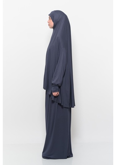 Pratik 2 Parça Pamuklu Yarasa Kollu Başörtülü Tesettür Namaz Elbisesi Füme Antrasit